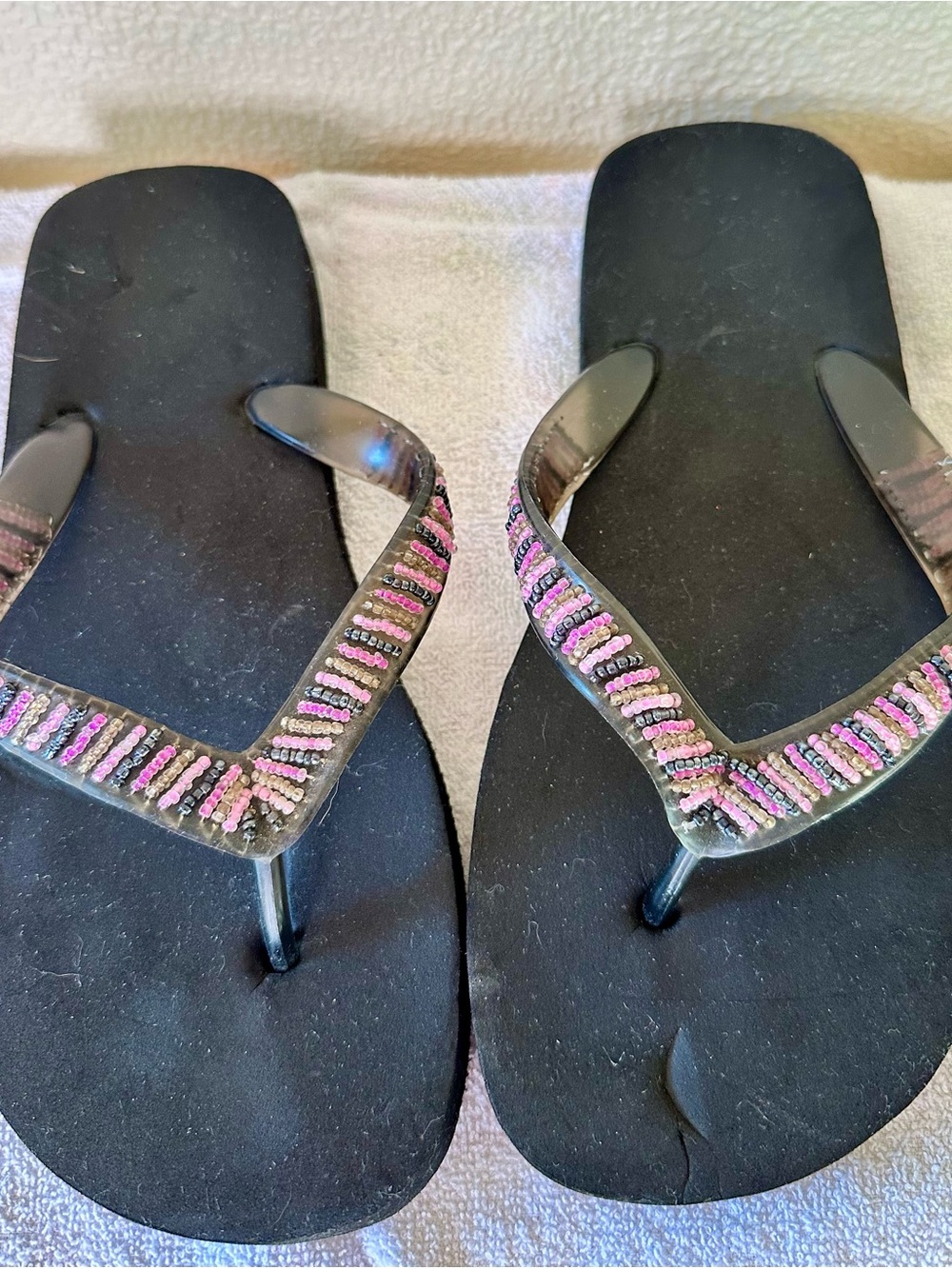 Black Flip-Flop Sandals with Pink Beaded Straps